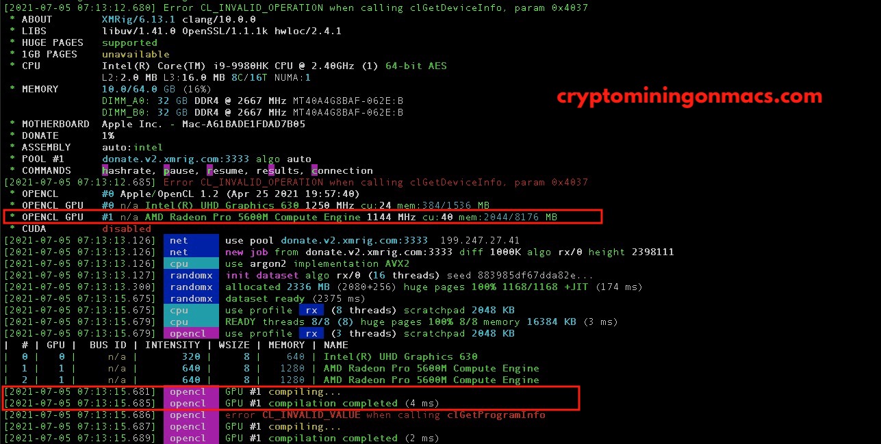 Xmrig Opencl Amd Radeon Pro 5600m Compiling Success