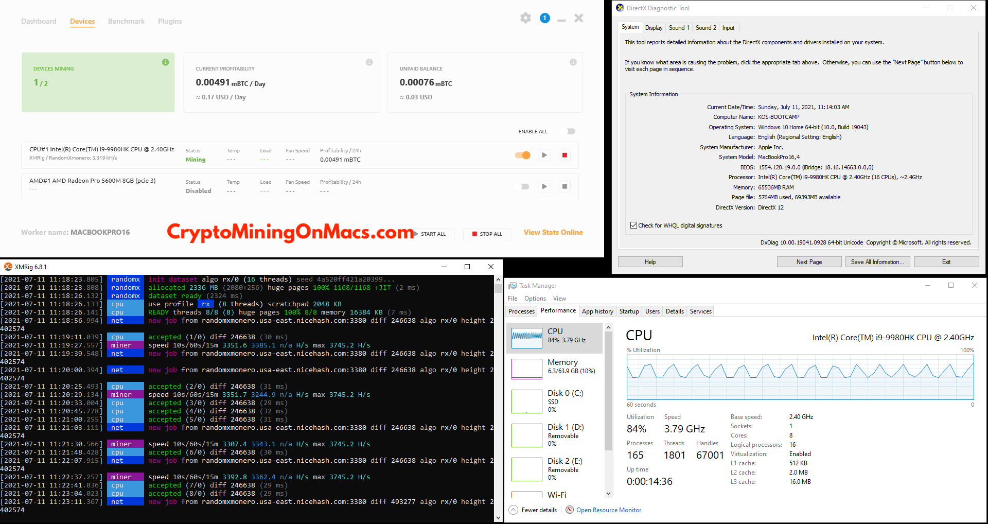 Macbook Pro 16 5600m Nicehash Xmrig