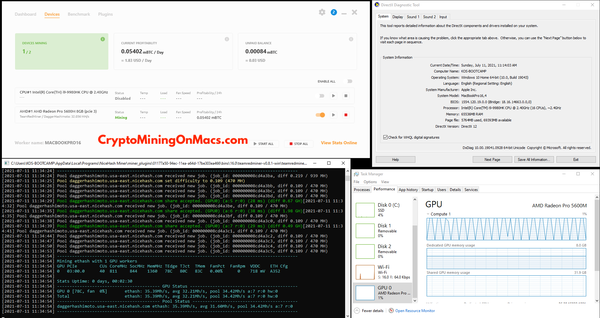 Macbook Pro 16 5600m Nicehash Teamredminer Daggerhashimoto