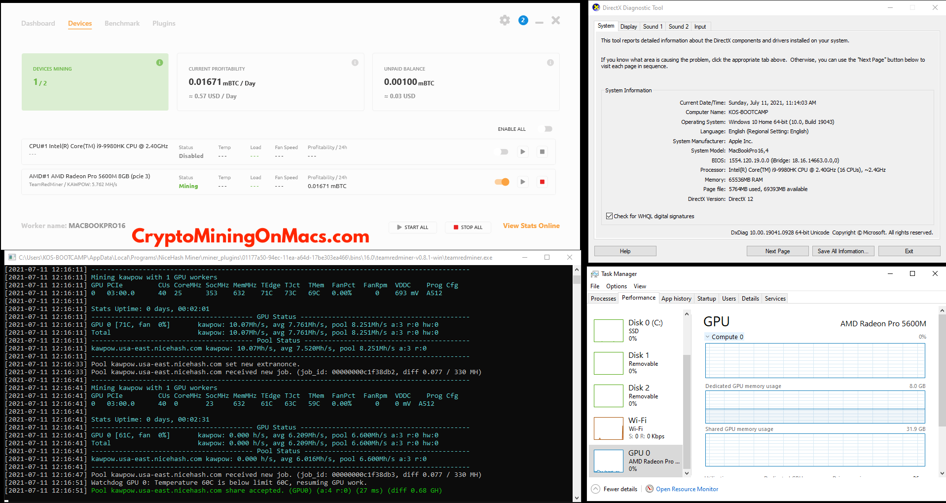 Macbook Pro 16 5600m Nicehash Teamredminer Kawpow