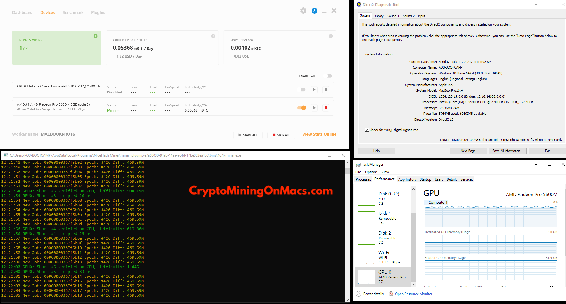 Macbook Pro 16 5600m Nicehash Gminercuda Daggerhashimoto