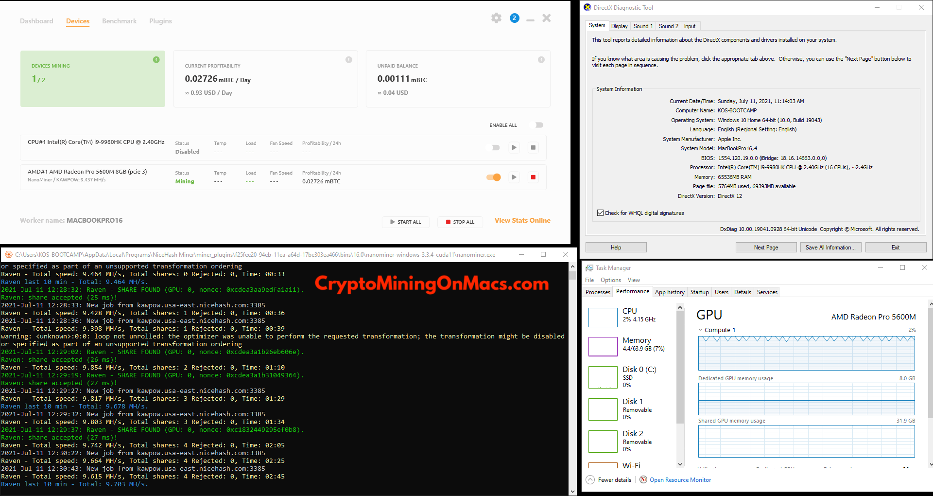 Macbook Pro 16 5600m Nicehash Nanominer Kapow