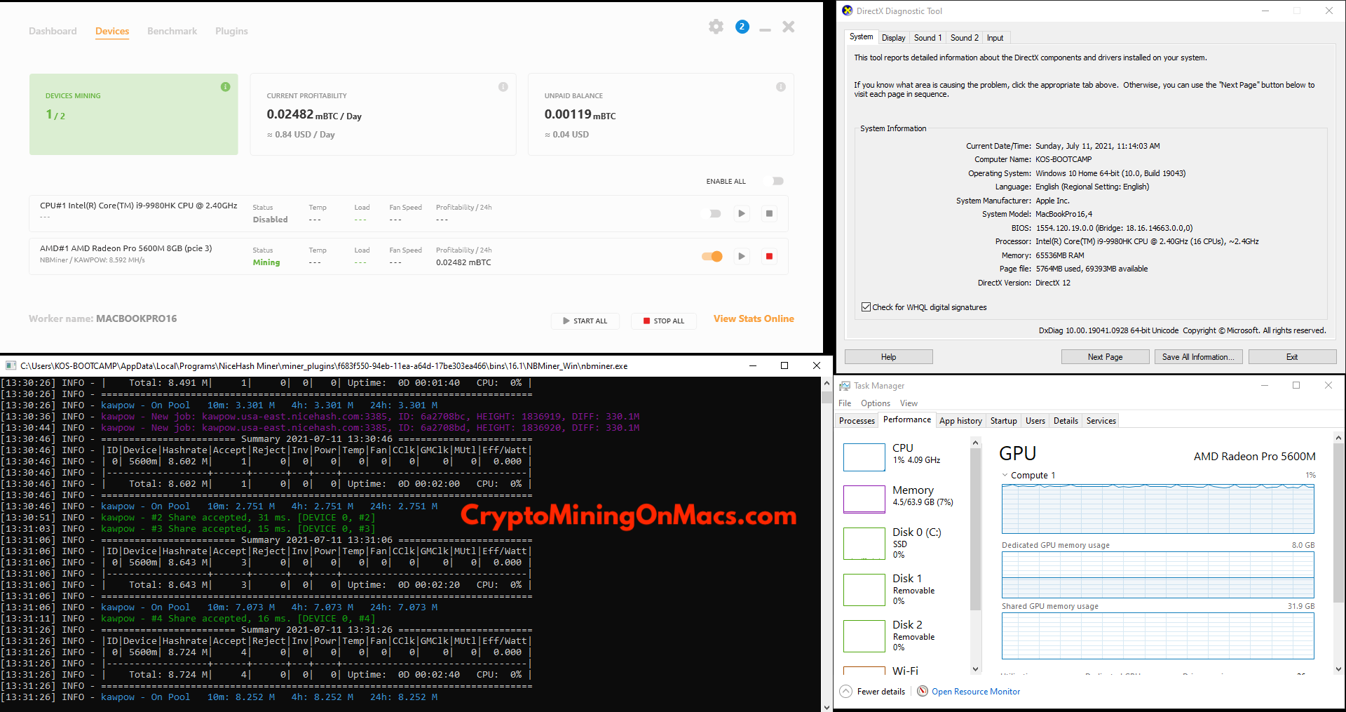 Macbook Pro 16 5600m Nicehash Nbminer Kawpow