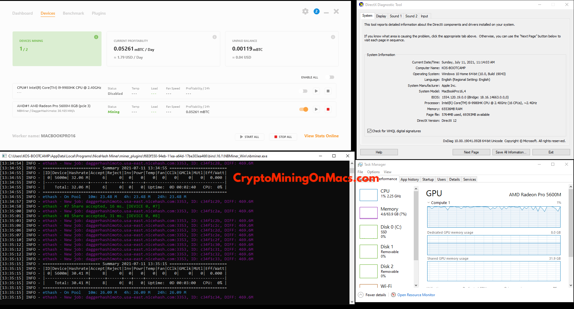 Macbook Pro 16 5600m Nicehash Nbminer Daggerhashimoto