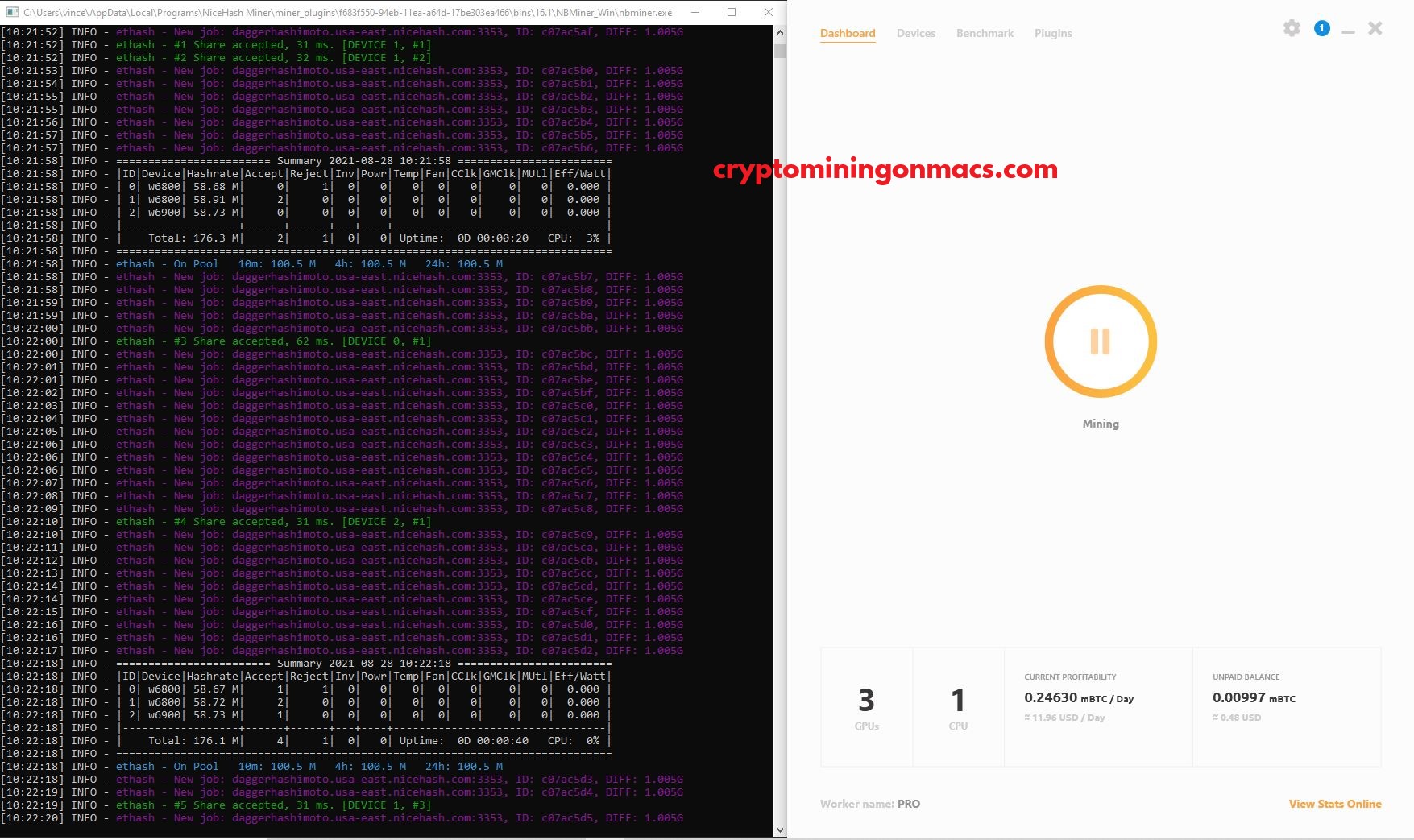 Nicehash W6800x Duo W6900x Hashrates Earnings