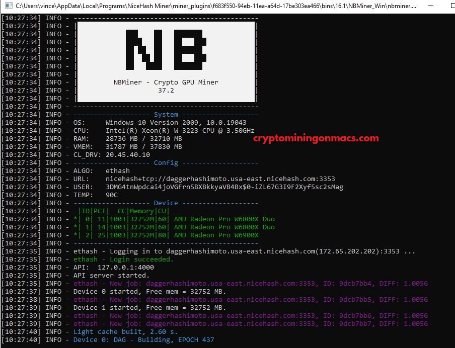 Nicehash W6800x Duo W6900x Nbminer