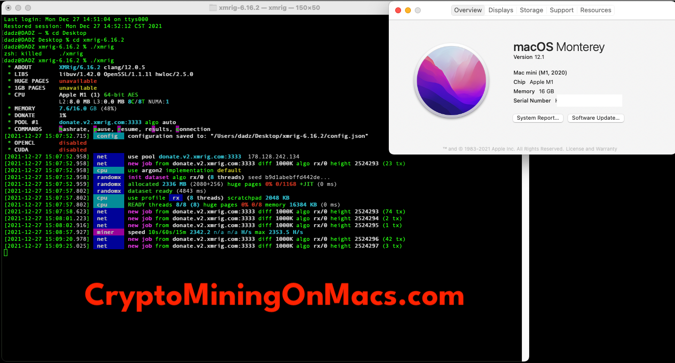Mac Mini M1 2020 Crypto Mining Xmrig