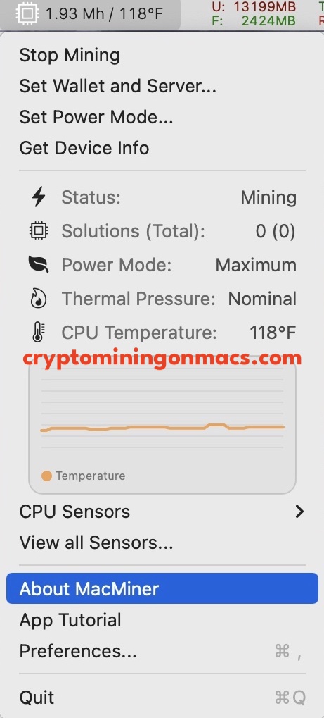 Mac Miner Xcreate Menu Options