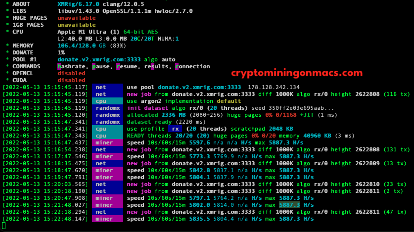 Xmrig Mac Studio M1 Multra 20 Core 64 Gpu 128g Ram Crpyot Mining Results