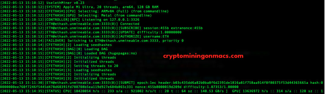 Uselethminer Mac Studio M1 Multra 20 Core 64 Gpu 128g Ram Crpyot Mining Results