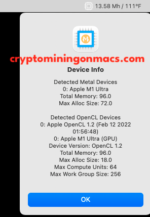 Macminer M1 Mac Studio M1 Multra 20 Core 64 Gpu 128g Ram Crpyot Mining Results