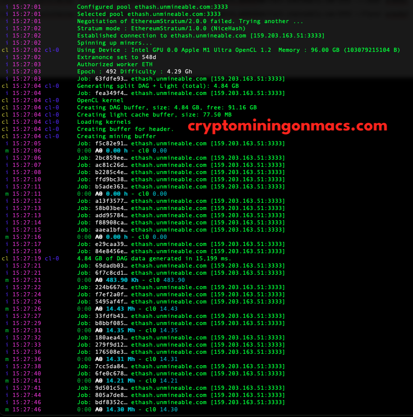 Ethminer M1 Mac Studio M1 Multra 20 Core 64 Gpu 128g Ram Crpyot Mining Results