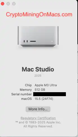 Mac Studio M3 Ultra 512gb Ram Crypto Mining Results System Info