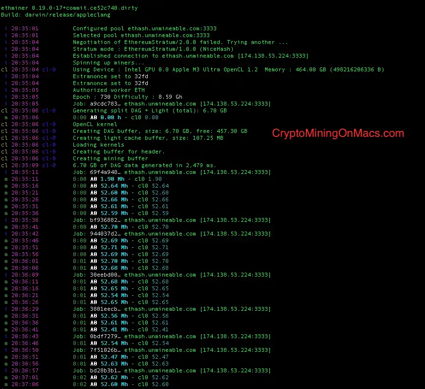Mac Studio M3 Ultra Ethminer Mining Results