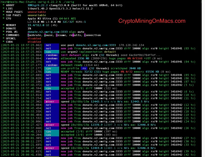 Mac Studio M3 Ultra Xmrig Mining Results