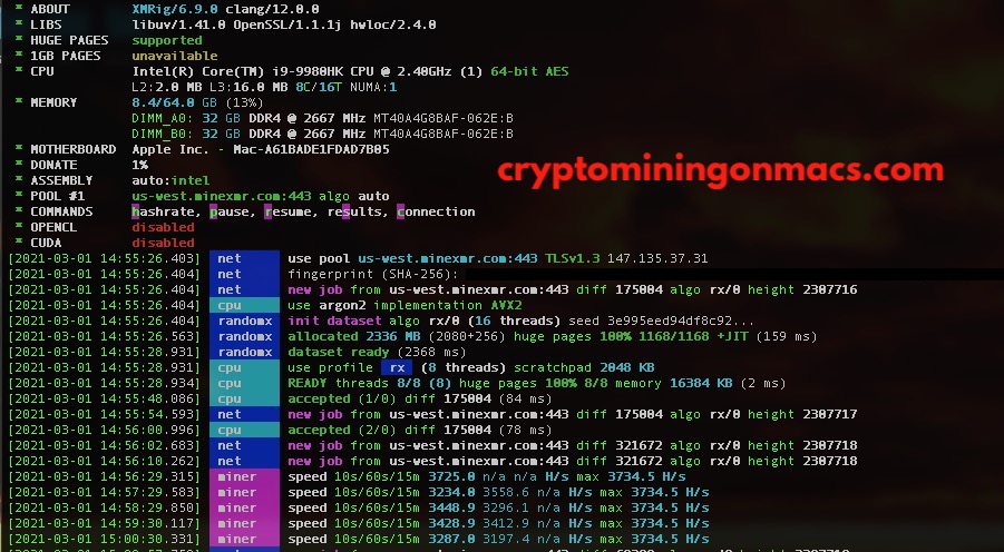 Macbook Pro 16 24ghz 8 Core Xmrig Hashrates Earnings